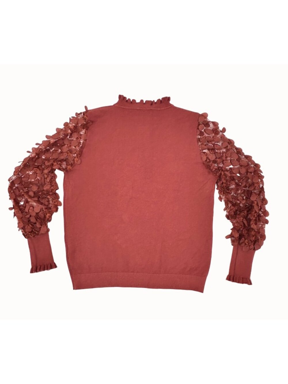 Sioni Milano XL Ruffle Neck Sweater With Sheer Lace Petal Sleeves In Rust